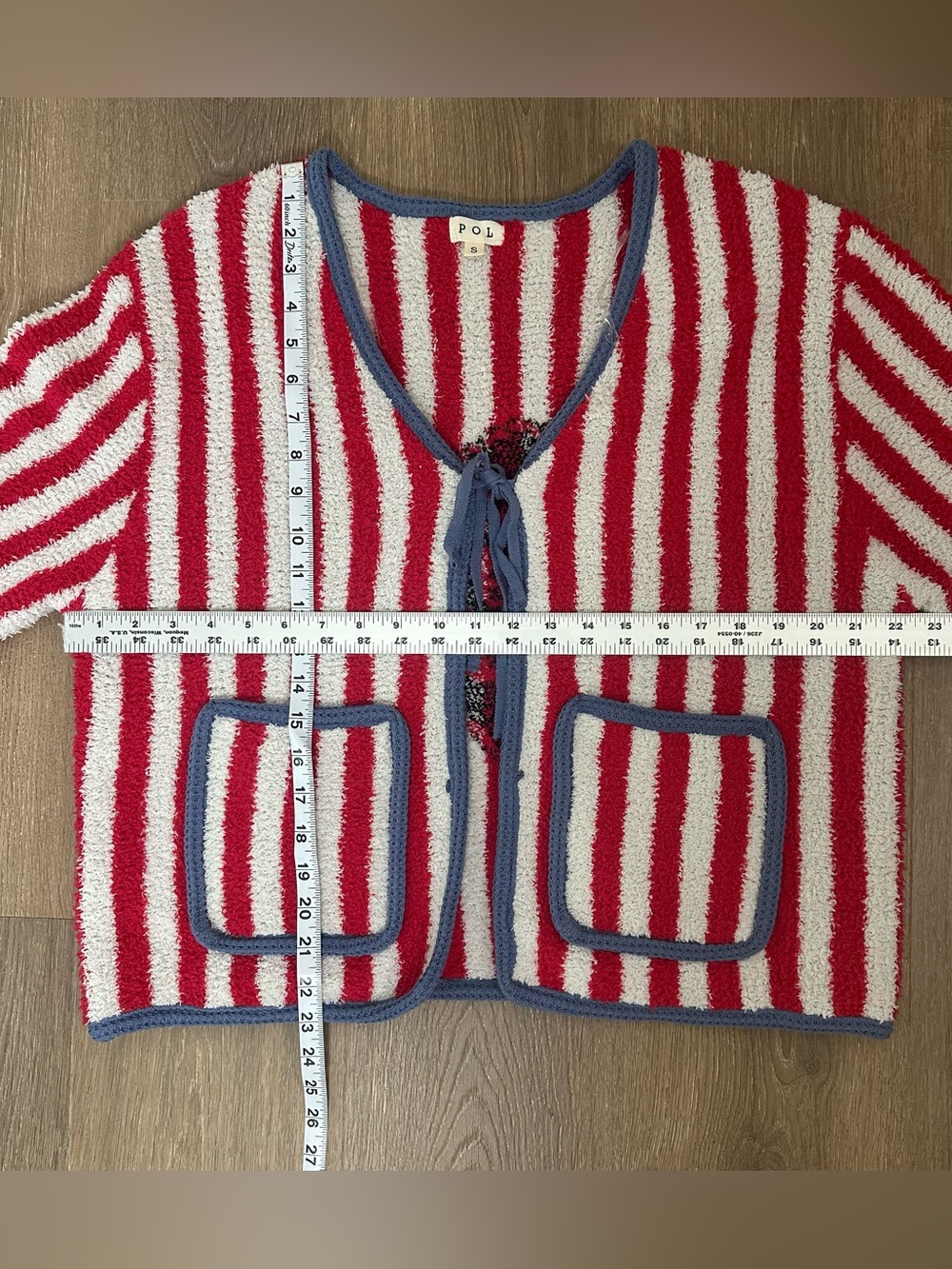 POL Red and White Striped Open-Front Cardigan w/ Blue Trim Sz S CottageCore Rose - Picture 6 of 16